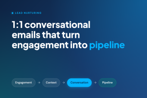 Dark navy graphic titled "1:1 conversational emails that turn engagement into pipeline," with a flow of pill labels reading Engagement → Context → Conversation → Pipeline.
